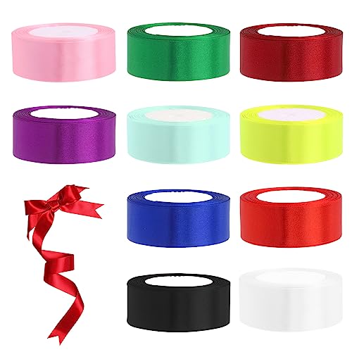 Swpeet 10 Rolls 10 Colors 1” x 25 Yards Single Faced Polyester Ribbon Fabric Satin Ribbon Assortment Kit, Gift Wrap Ribbons for Gift Wrapping, Crafts, Party Decoration - Total Length 250 Yards