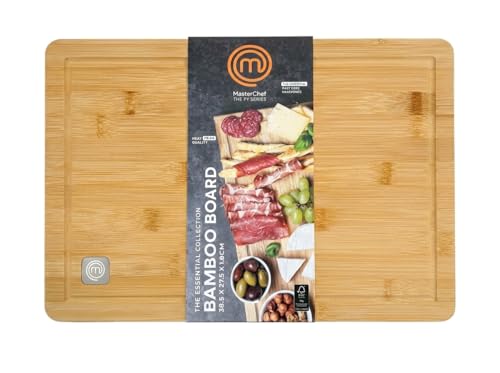 MasterChef Tabla de cortar grande de bambú para carniceros de 38,5 cm x 27,5 cm x 1,8 cm, superficie de corte de madera XL resistente con ranura profunda para jugo, segura para alimentos y ecológica