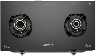 BLOWHOT Emerald Heavy Tornado Brass 2 Burner Auto Ignition Gas Stove - Toughened Glass Cook Top -ISI certified- Black Powder Coated Body - 2 Year Warranty By Blowhot on Burner, Gas Valve and Glass