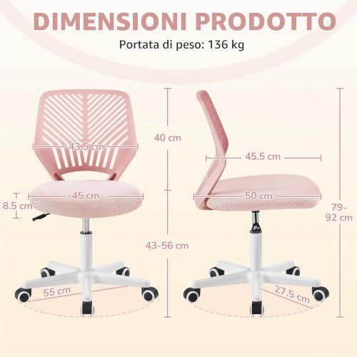 Yaheetech Sedia Ufficio Scrivania Senza Braccioli Regolabile Rosa Chiaro - Immagine 2