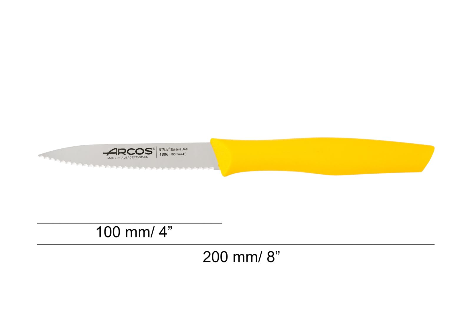 Arcos Serie Nova - Cuchillo Mondador - Hoja Serrada de Acero Inoxidable de 100 mm - Mango de Polipropileno Color amarillo