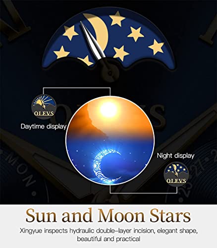 Olevs Black Men's Automatic Mechanical Watches Luxury Dress Waterproof Self Winding Moon Phase Chronograph Stainless Steel Luminous Date Tourbillon Wristwatch For Men #TOP4