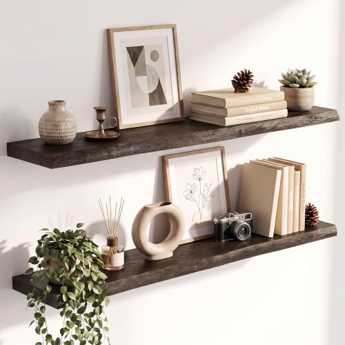 Live Edge Elm Floating Shelves - 40 In Rustic Solid Wood Shelves with Heavy-Duty Invisible Bracket, Wall-Mounted Wooden Shelf for Living Room, Bathroom, Kitchen Storage & Display, Set of 2, Walnut