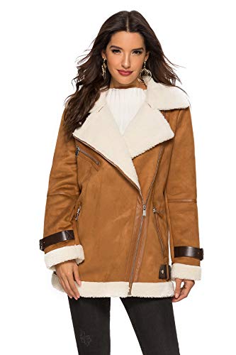 Escalier Women's Winter Lapel Faux Suede Leather Jacket with Sherpa Fleece Lining Camel M