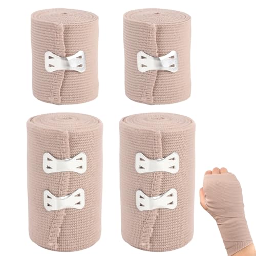 4 Pcs Vendas Elásticas Lavables de Algodón Set, 7.5cm / 5cm Venda Elastica Tubular de Compresión con Clip, Vendaje Elástico Premium, para Soporte de Tobillo, Brazos, Piernas en Lesiones, Reutilizable