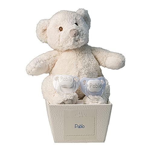 BebeDeParis Sucette bébé Personnalisée avec Nom, Pour bébés de 0 à 6 mois, Sucette avec Tétine en Silicone, et Boîte Personnalisée, Sans BPA (2 Succettes + Ours, Bleu) Cover