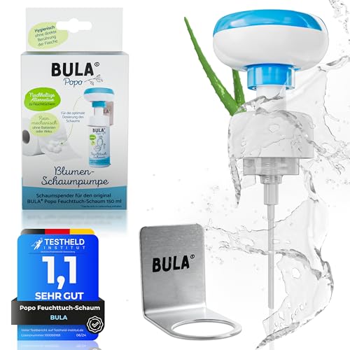 BULA® Popo Blumen-Schaumpumpe+Halter (OHNE FLASCHE!) | PASSEND NUR für BULA POPO 150ml Flasche | Alternative für (Baby u. Toiletten) Feuchttücher | spendet den Schaum direkt aufs Toilettenpapier
