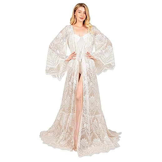 HHQ White Lace Robe Floor Length Long Sleeve Cover Up Bridal Sheer Dressing Gown Bride Nightgown for Wedding Day Boudoir Photoshoot(Style-C,Medium)