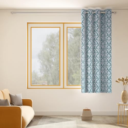 Image of haus & kinder Printed Jacquard Window Curtain 5 Feet Long Pack of 1 Window Curtain, 5 Feet Curtain for Window (Ornate Symphony, Aqua Design 130x152 CM)