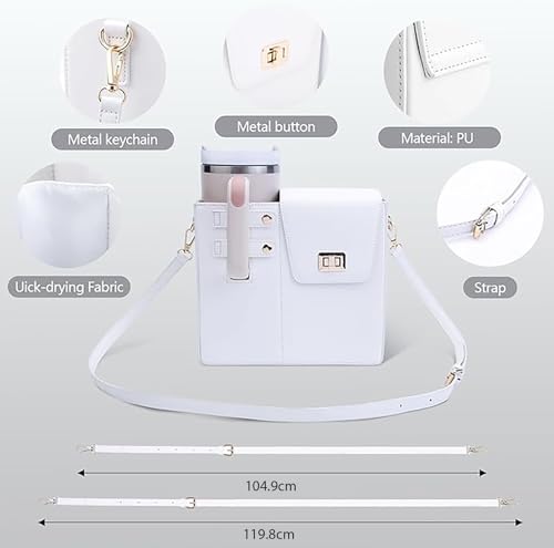 Image of House of Quirk Outdoor Portable Crossbody Tumbler Holder Bag with Purse Compartment - Travel Water Bottle Carrier for Hiking, Walking, Camping (White)