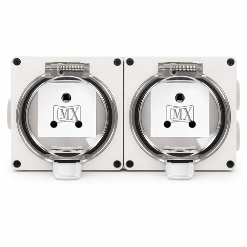 Image of MX IP66 Waterproof Outdoor Socket Box | 250V 6A 2 Indian Socket | Dustproof Weatherproof 4 Module Modular Wall Box with Spring Opening Cover | Ideal for Garden, Patio & Outdoor Use