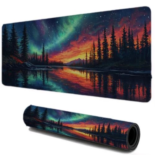 Tapis de Souris, Tapis de Souris Gamer 700x300, Haute Précision et Vitesse sous Main Bureau, Base en Caoutchouc Antidérapant, Accessoire Bureau pour Portable PC (Aurores boréales Les Arbres) I-103