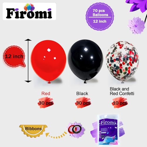 Image of Firomi Red and Black Latex Balloons 12 Inch 70 pack Set (with 2 Ribbons)