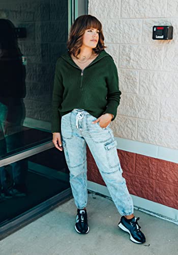 Btfbm Women’s Casual Long Sleeve Half Zip Pullover Sweaters Solid V Neck Collar Ribbed Knitted Loose Slouchy Jumper Tops(Solid Green, Medium) #TOP2