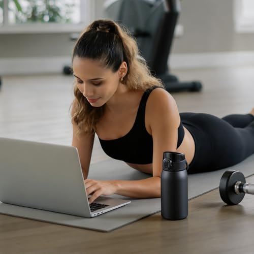 Image of Insulated Water Bottle 12 oz with Dustproof Lid, Carry Handle & Tea Infuser, BPA-Free & Leakproof, Stainless Steel Water Bottles Ideal for Fitness, Hiking, Office & Outdoor Use (Black )