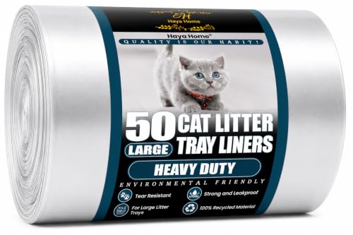 Haya Home Eco 50 Large Heavy Duty Cat Litter Tray Liners on a roll 40m 80 X 36 cm Claw Scratch Resistant Strong thick Cat Litter Box Plastic Bags Environmentally Friendly 100% Recycled Material