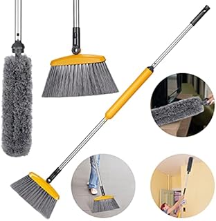 MASTERTOP Indoor Sweeping Broom, Long Handle Broom with 180° Rotatable Head and Microfiber Feather Duster, Duster Brush Set for Cleaning Home Kitchen Room Office Lobby