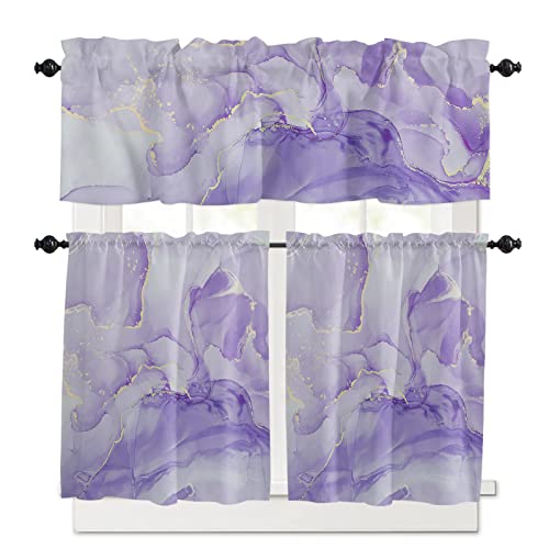 3 Piece Kitchen Curtains Tiers And Valances Set, Marble Texture Gradient Purple Golden Line Abstract Watercolor Art Rod Pocket Short Window Treatment Tiers Curtains Panel And Valance For Cafe Bathroom #TOP1