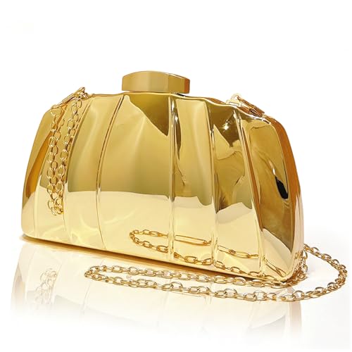 Image of Golden Metal Shell shape Clutch Evening Bag with Water Ripple Design, Solid Color with Buckle Closure, Chain Strap Messenger, Polyester Lining, Luxury Reflective Wave Pattern for Parties, Weddings