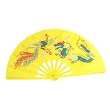 ULDIGI Éventail Pliable Motifs Chinois Classiques Jaune en Plastique Résistant et Lisse pour Arts Martiaux et Performances de Kung Fu