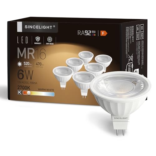 SINCELIGHT MR16 GU5.3 12V LED Spot Light Bulb Ø50mm Reflector, 6 Watt, 450 Lumens, 50W Halogen Equivalent, 2700K (Warm White), High Color Rending RA≈92, 38°Beam Angle, Pack of 6
