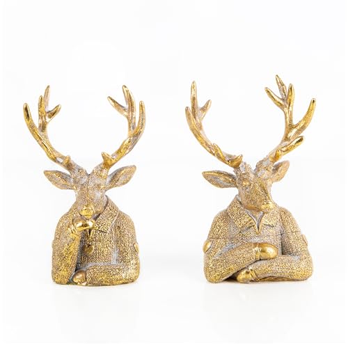 Logbuch-Verlag Figurines de Cerfs dorés, Lot de 2: bustes décoratifs Modernes en résine, décoration de Noël élégante pour Table ou étagère, statuettes d’Hiver dorées pour intérieur Chic, 16 cm