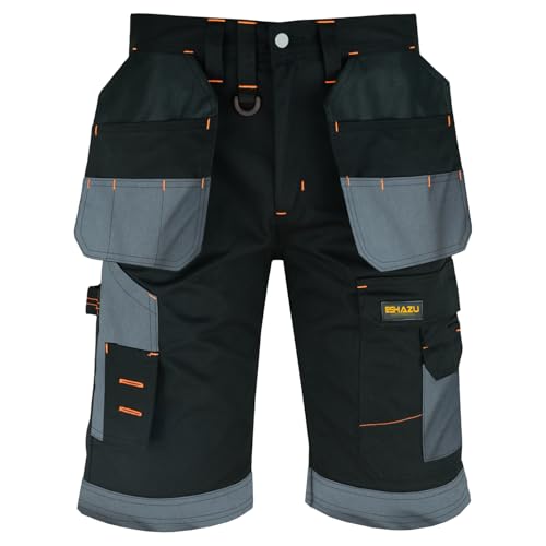 Eshazu Men's Heavy Duty Work Shorts - Safety Combat Cargo Summer Shorts with Multiple Pockets - Triple Stitched Durable Workwear- 38 - Black