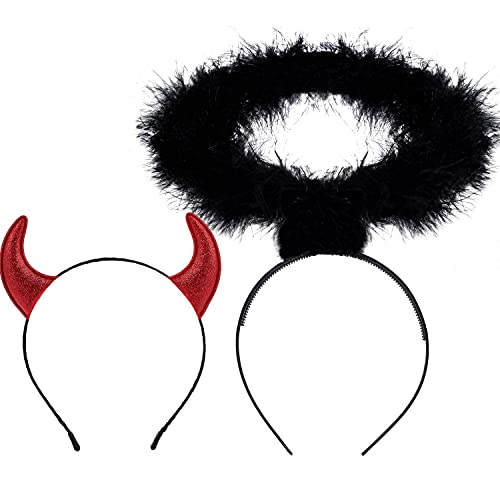 U-Zomir Angel Halo & Devil Horn Headband Set-White/Black Feather Angel and Red Glittering Devil Horn, Halloween Fancy Cosplay Dress Role Play Hairband (Black Angel + Red Horn)