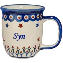 Polart, 12 oz Polish Boleslawiec Pottery Coffee Mug - Blue Stoneware SYN/SON Word Design Mugs for Coffee and Tea Lovers - Handmade Cute and Unique Coffee and Tea Cup Inspired by Poland Craftmanship