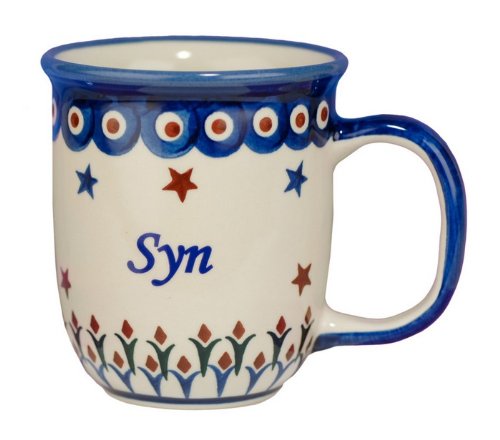 Polish PotteryBoleslawiec 12oz Mug - Word SYN on one Side, Son on The Other