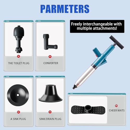 Image of High Pressure Toilet Plunger with Real-Time Barometer - Air Drain Blaster Gun, Multi-Drain Unclogger for Toilets, Sinks, Bathroom Floors, and Plumbing Clogs Stainless Steel