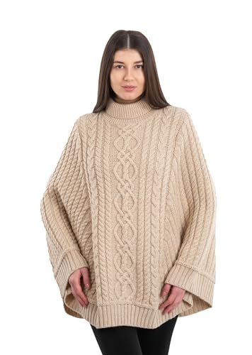 SAOL 100% Merino Wool Cable Knit Ladies Irish Aran Poncho Cardigan2