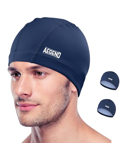 Aegend Fabric Swim Cap, Silicone Waterproof Layer - Breathable Cloth Swimming Cap, Keep Hair Dry with Hight Elasticity for Youth(8-16) Adult, 2 Sizes to Choose (2 Pack-Navy Blue & Navy Blue, M)