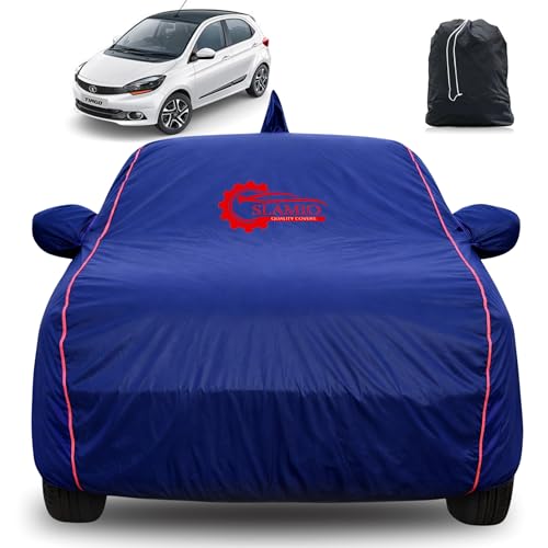 Image of 100% Waterproof Car Cover for Tata Tiago 2016-2019 | All-Weather, Dustproof & UV Protection | Heavy-Duty 3-Layer Fabric | Custom Fit with Mirror & Antenna Pocket | Navy Blue