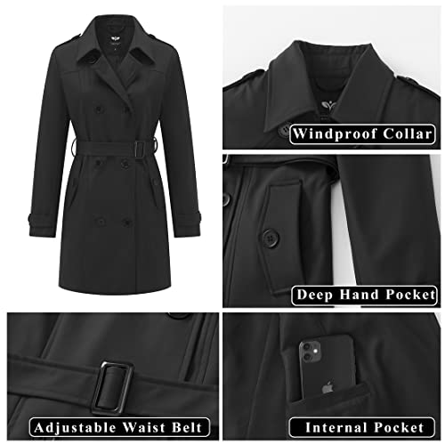 Ggleaf Women's Trench Coat Double-Breasted Water Repellent Classic Overcoat Slim Outerwear Coat With Belt Dark Night Black, Medium #TOP4