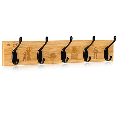 Dorpu Portemanteau mural en bambou durable avec 5 crochets en fer, crochets muraux pour couloir, salon, cuisine, mudroom, bureau Cover