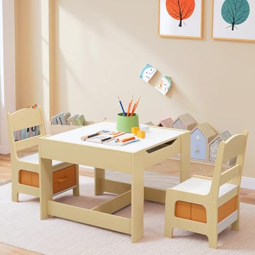Arlopu Kids Table and Chair Set, 4 in 1 Wooden Activity Desk, w/Blackboard, Storage, 2 in 1 Tabletop for Toddlers Art Crafts Drawing Reading Playroom, Natural
