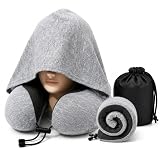 Hooded Travel Pillow for Airplane, Memory Foam Neck Pillow for Long Flights, 360° Head Neck & Chin Support, Light Blocking Privacy Hood, Adjustable Drawstring, Compact Carry Bag for Plane Car Office