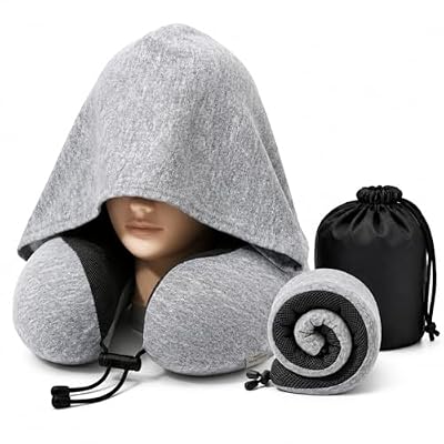 Hooded Travel Pillow for Airplane, Memory Foam Neck Pillow for Long Flights, 360° Head Neck & Chin Support, Light Blocking Privacy Hood, Adjustable Drawstring, Compact Carry Bag for Plane Car Office