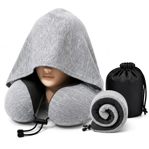 Image of Hooded Travel Pillow for Airplane, Memory Foam Neck Pillow for Long Flights, 360 Head Neck & Chin Support, Light Blocking Privacy Hood, Adjustable Drawstring, Compact Carry Bag for Plane Car Office