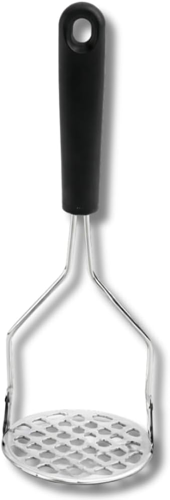 Amassador de Batata em Aço Inox com Cabo Ergonômico Preto, Utensílio de Cozinha Manual