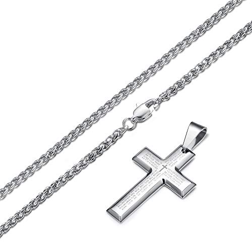 LOYALLOOK 2pcs Men's Stainless Steel Silver Black Tone Cross Pendant Lord's Prayer Necklace 24 Inch3