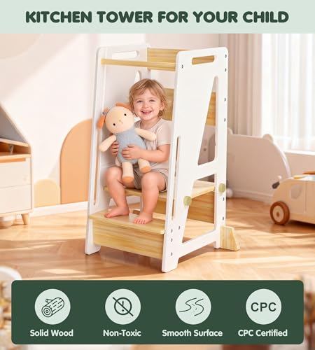 Image of Toddler Standing Stool with Sliding Door for Safe Climbing, 3-Height Adjustable Kitchen Step Stool, Wooden Learning Tower for Kids, Non-Slip Feet