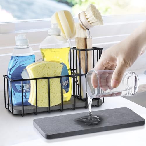 La Mejor Lista de Soportes de secado - 5 favoritos. 45 MyGift - Bandeja de secado de piedra de diatomita con soporte de esponja de metal negro y cesta de cepillo para polvo, organizador de fregadero de cocina que absorbe la humedad...