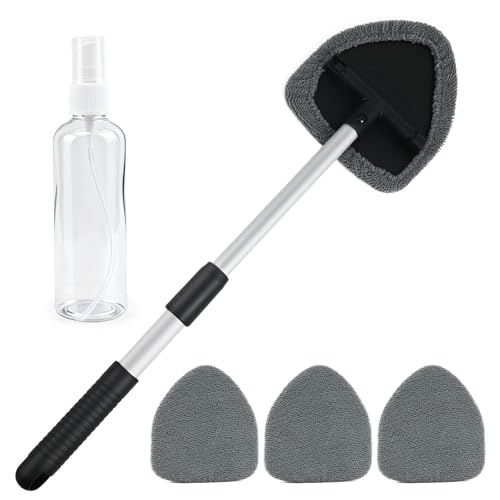 mobumeia Nettoyant pour Pare-Brise, 180° Extensible Brosse de Fenêtre de Nettoyage à Manche avec 4 Tampons Lavables et 1 100 ML Vaporisateurs - Nettoyage Pare Brise Intérieur