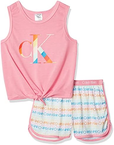 Calvin Klein Girls' Little 2 Piece Sleepwear T-Shirt and Shorts Pajama Set Pj, Sachet Pink, CK Logo Rainbow, 6-6X