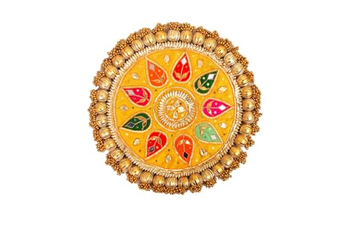 Image of Wood Handmade Gota Patti Work Plate, Table Decor & Base For Statues, Gods, Plant, Craftsmanship With Golden Moti Detailing, Gift For Diwali, Birthdays, Housewarming Size 13 inch Yellow 2
