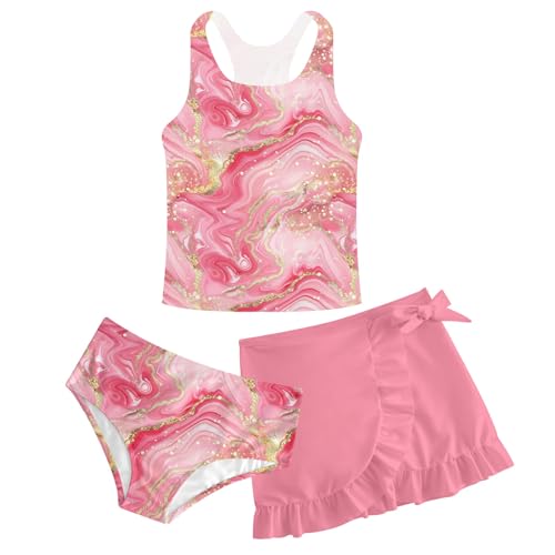 Image of ALISISTER Girls Bathing Suit Pink Marble Print 3 Piece Hawaii Bikini Set Beach Swimsuit with Cover Up Skirt 8-9 Years