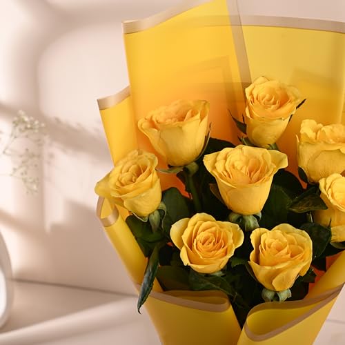 Image of FlowerAura Premium Fresh Live Flower Bouquet of 8 Yellow Roses In Designer Paper Gift For Birthday | Anniversary | Love | Home Decor | Fathers Day Gift For Dad (Same Day Delivery)