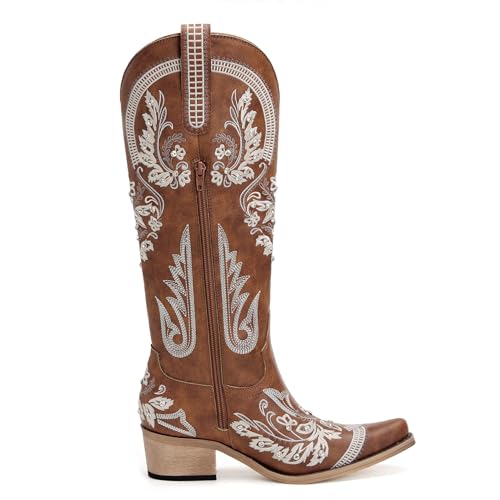 Image of vodvob Western Cowboy Boots for Women Rhinestone Knee High Cowgirl Snip Toe | Embroidery,Faux Leather Upper,Side Zipper,Pull-On Tabs,Chunky Heel,Wedding,Formal,Party,Country Concert